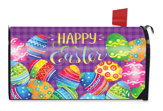 Easter-themed mailbox cover with colorful eggs and 'Happy Easter' text on a purple background.