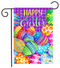 Decorative flag with colorful Easter eggs and 'Happy Easter' text on a purple checkered background.