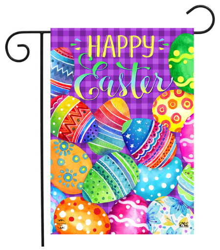 Decorative flag with colorful Easter eggs and 'Happy Easter' text on a purple checkered background.