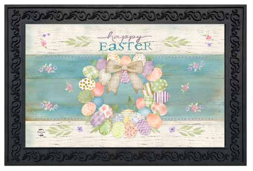 Decorative mat with Easter design featuring eggs and a bow on a wooden background.