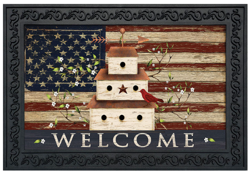 Decorative mat with American flag, birdhouses, and 'Welcome' text on a black border.