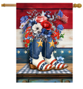 Decorative flag with American flag boots, flowers, and stars on a wooden background