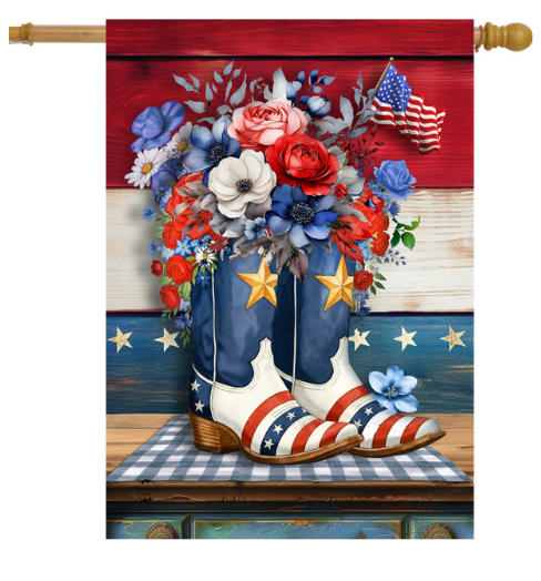 Decorative flag with American flag boots, flowers, and stars on a wooden background