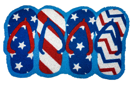 Decorative mat with flip-flop design featuring American flag patterns on a blue background.
