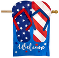 Decorative flag with American flag design and 'Welcome' text on a white background