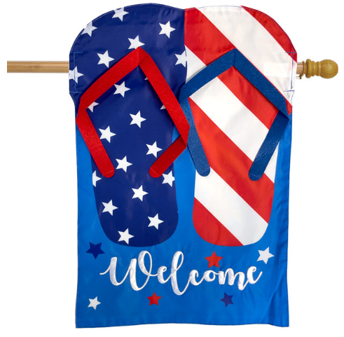 Decorative flag with American flag design and 'Welcome' text on a white background