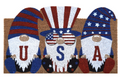 Three gnome figures with American flag design on a brown background