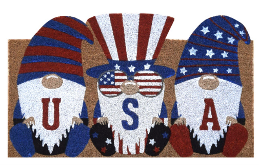 Three gnome figures with American flag design on a brown background