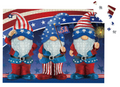 Three gnome figurines with American flag hats and accessories on a patriotic background