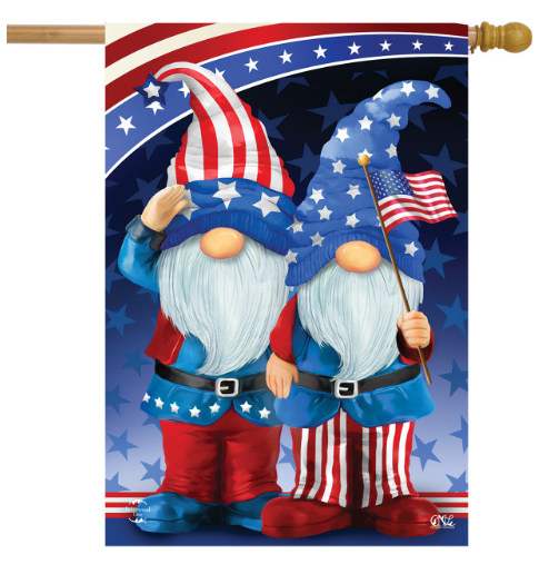 Decorative flag with two gnomes wearing American-themed outfits against a star-spangled background.