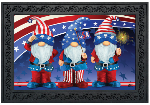 Three gnome characters in patriotic outfits with American flags and stars on a decorative mat.