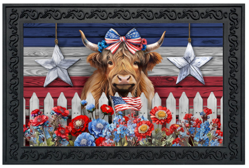Cow with a patriotic bow in front of an American flag-themed background