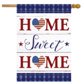 Decorative flag with 'Home Sweet Home' text and American flag hearts on a white background.