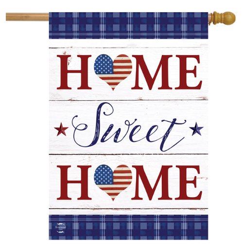 Decorative flag with 'Home Sweet Home' text and American flag hearts on a white background.