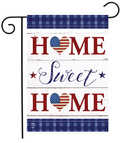 Decorative garden flag with 'Home Sweet Home' text and American flag hearts on a white background.