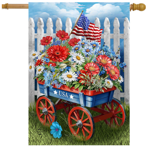 Decorative flag with a floral wagon and American flag against a white picket fence background.