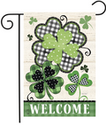 Patterned Shamrocks “Welcome” Garden Flag (Buffalo Plaid Clover, Farmhouse Style)