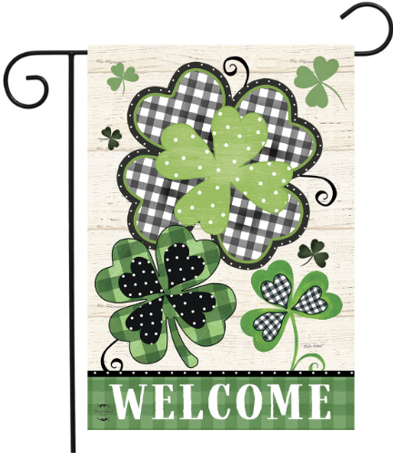 Patterned Shamrocks “Welcome” Garden Flag (Buffalo Plaid Clover, Farmhouse Style)