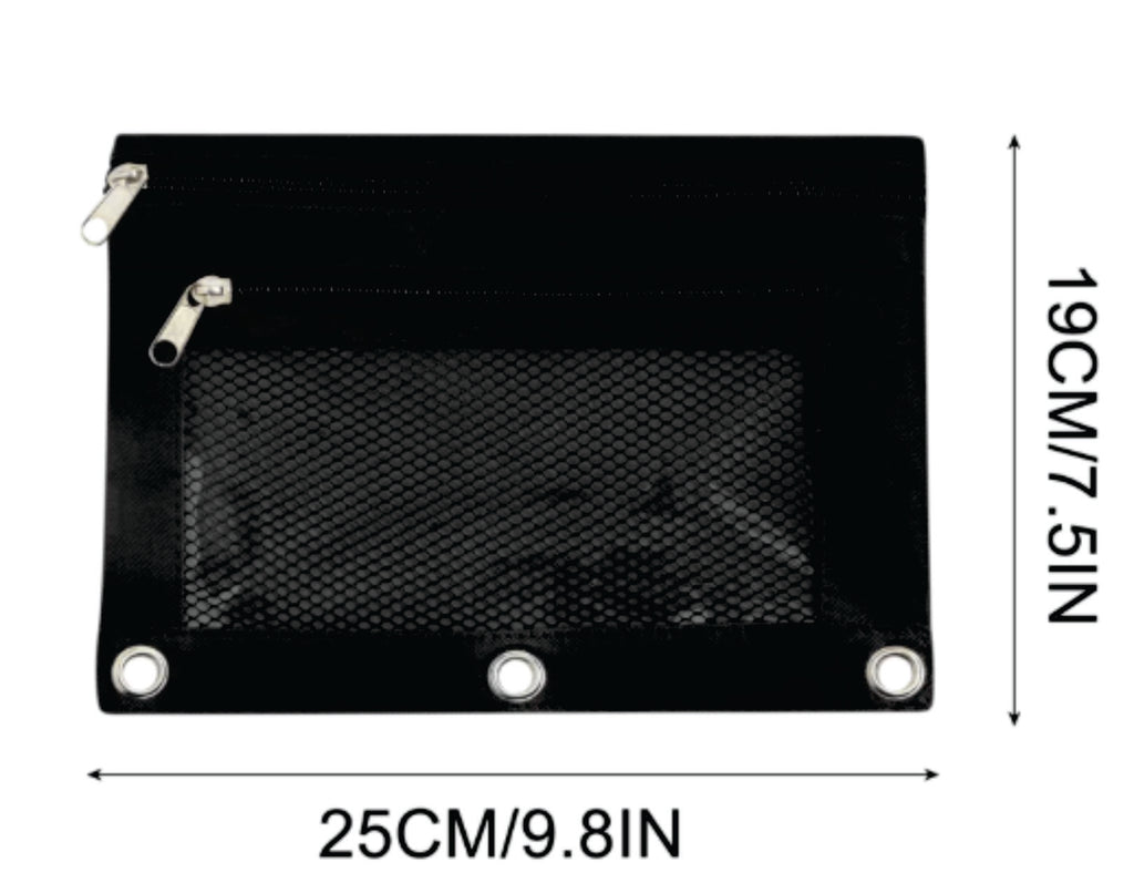 Black rectangular mesh pouch with a top zipper, shown with dimension markings of 25CM by 19CM on a white background.