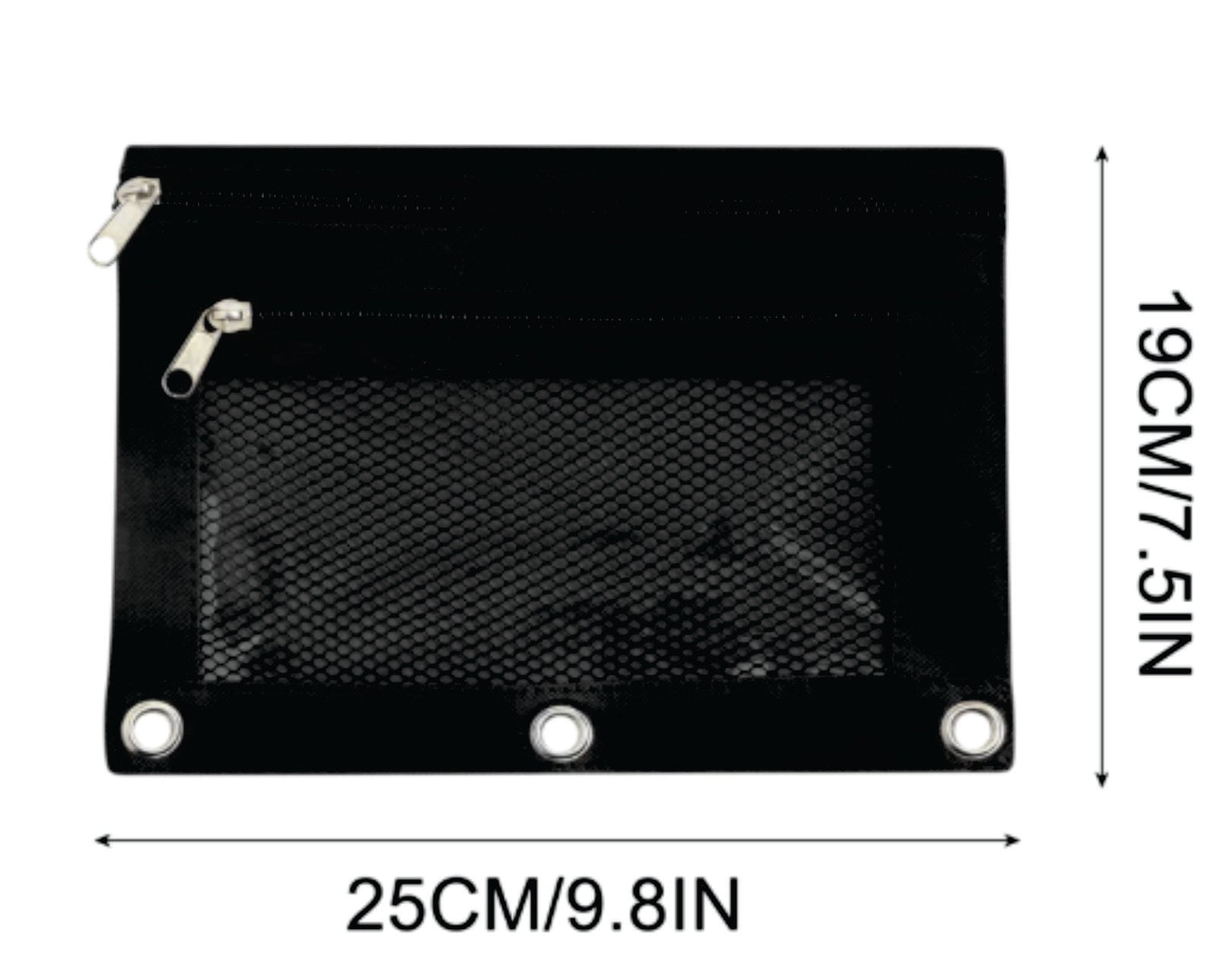 Black rectangular mesh pouch with a top zipper, shown with dimension markings of 25CM by 19CM on a white background.