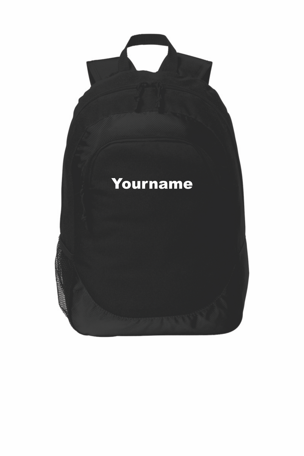 A black backpack with a front zippered pocket featuring the text 'Yourname' in white, shown against a plain white background.
