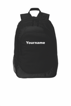 A black backpack with a front zippered pocket featuring the text 'Yourname' in white, shown against a plain white background.