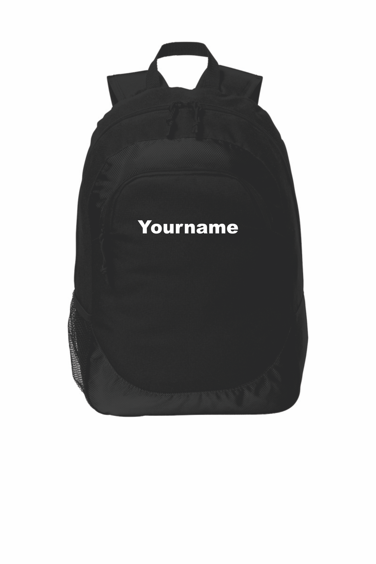 A black backpack with a front zippered pocket featuring the text 'Yourname' in white, shown against a plain white background.