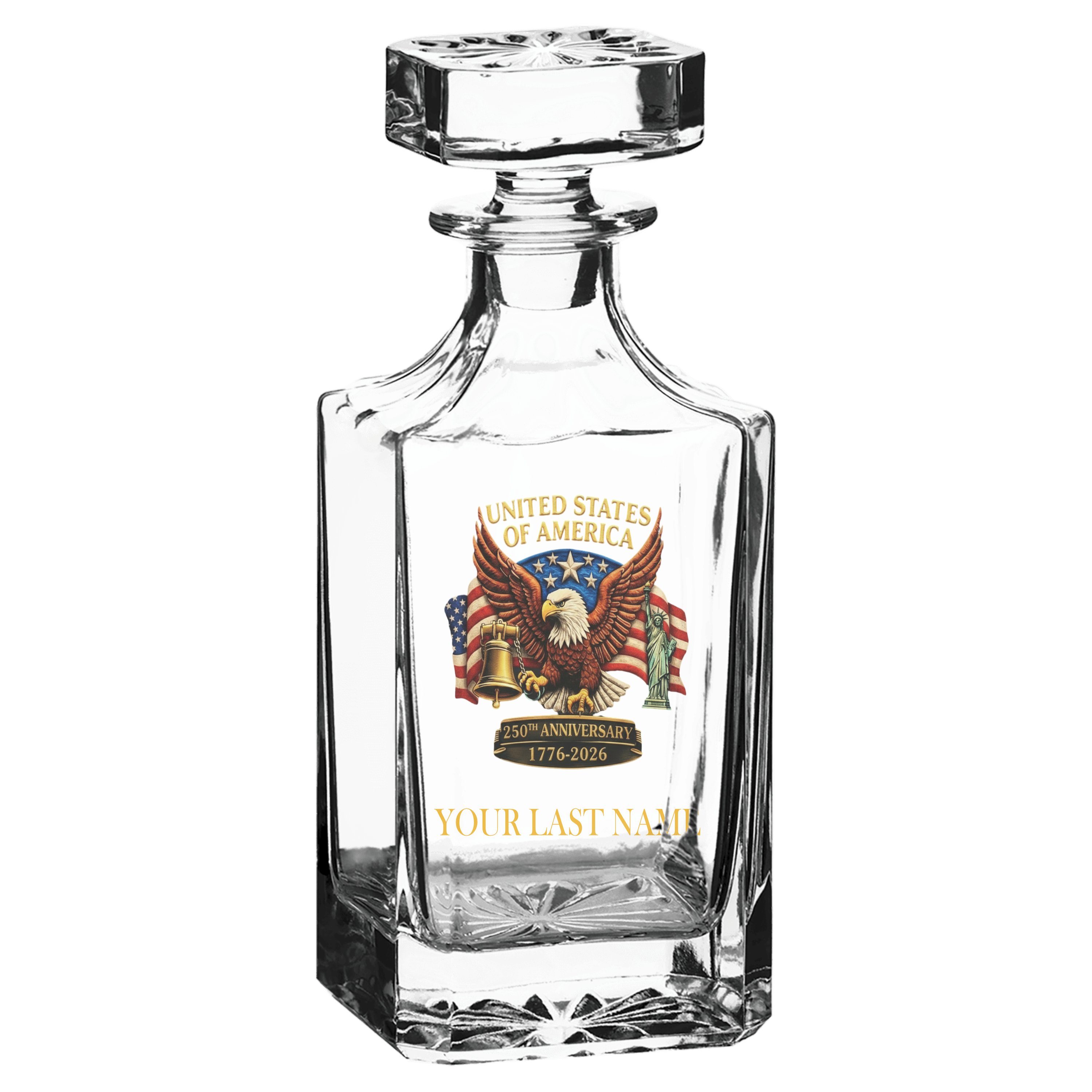 Clear glass decanter with American eagle and flag design on a white background