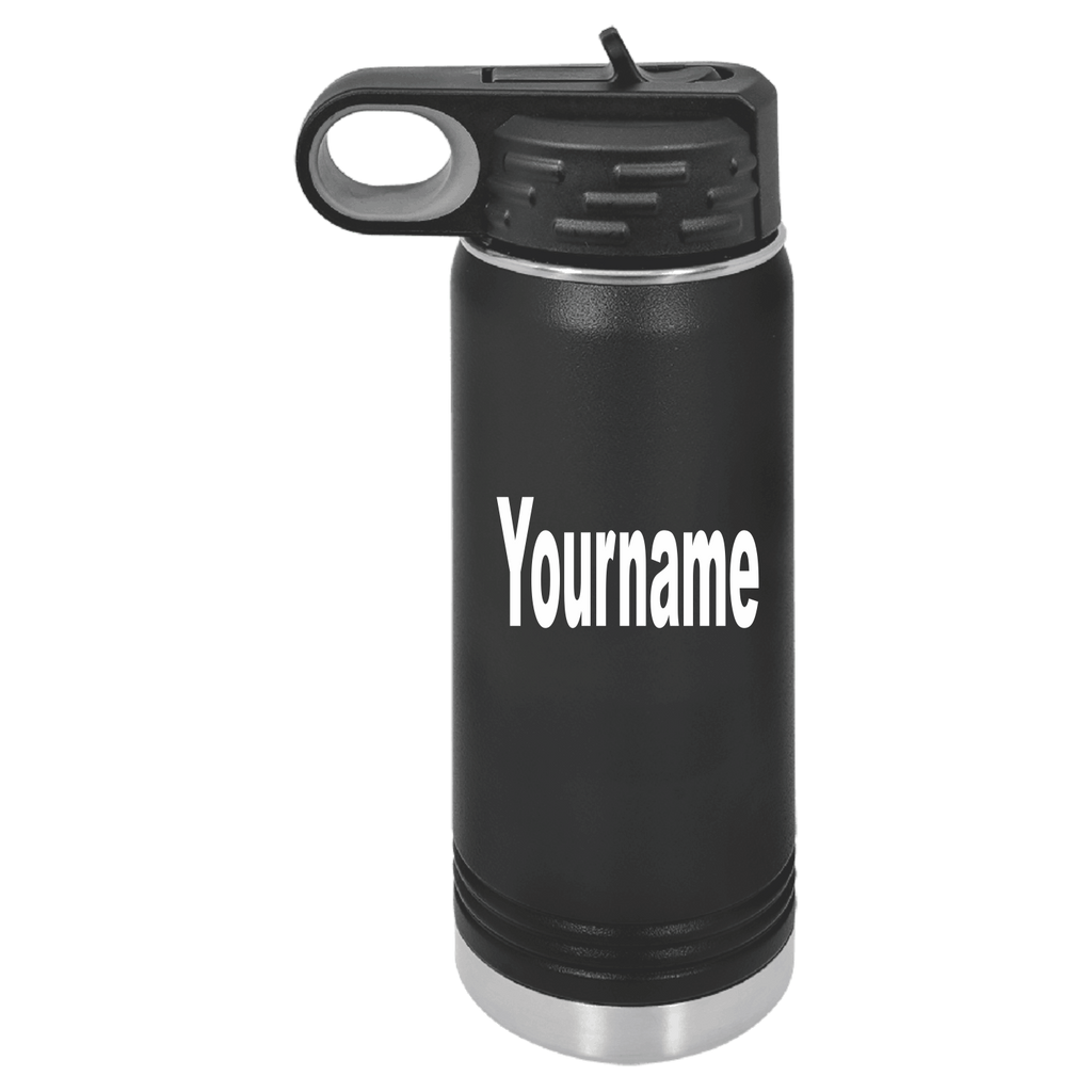 A black insulated water bottle with a matching black lid and carry loop, featuring the customizable text 'Yourname' printed in white on the front, set against a plain white background.