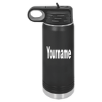 A black insulated water bottle with a matching black lid and carry loop, featuring the customizable text 'Yourname' printed in white on the front, set against a plain white background.
