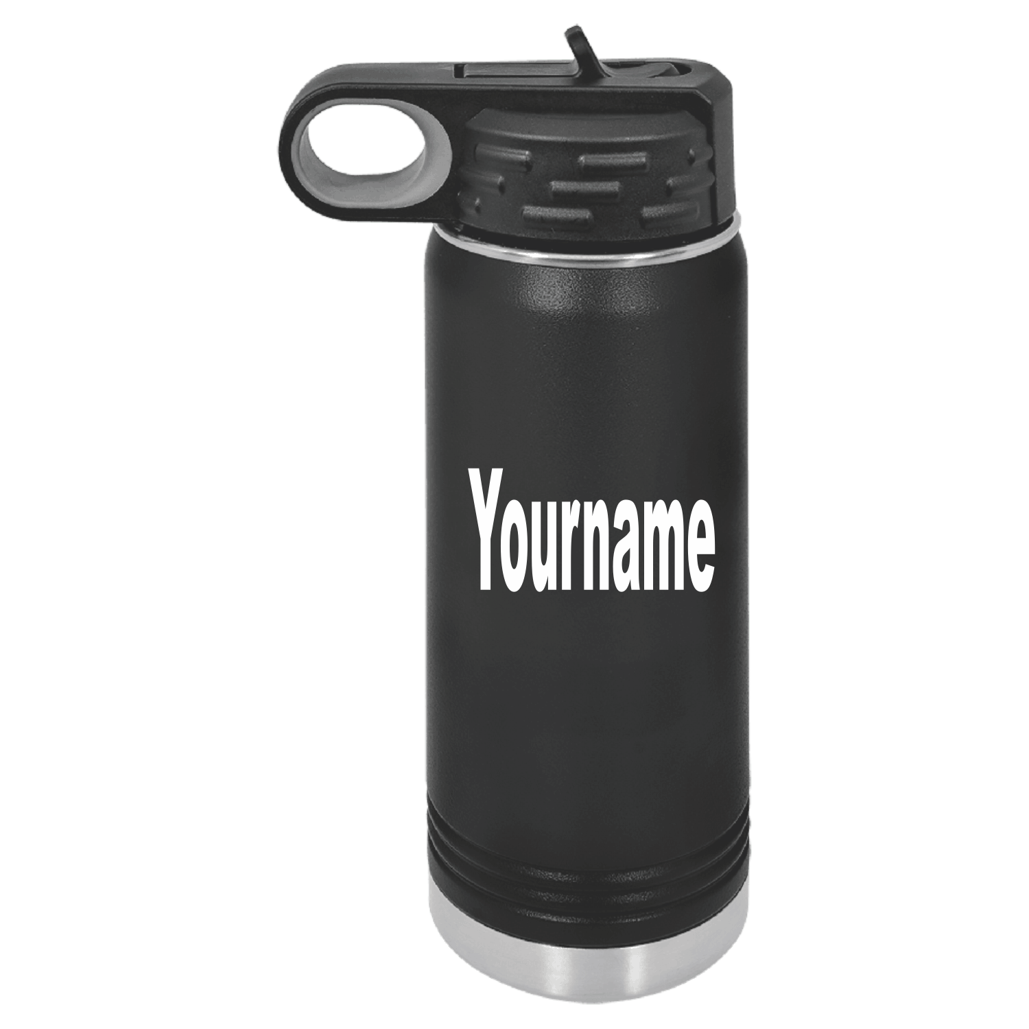 A black insulated water bottle with a matching black lid and carry loop, featuring the customizable text 'Yourname' printed in white on the front, set against a plain white background.