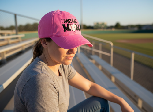 Person wearing a pink cap with embroidered Baseball Mom, sitting on bleachers at a sports field.