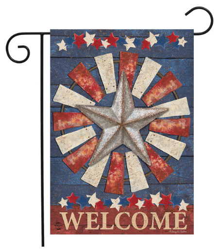Decorative garden flag with a star design and 'Welcome' text on a blue background.