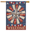 Decorative flag with a star design and 'WELCOME' text on a wooden background.