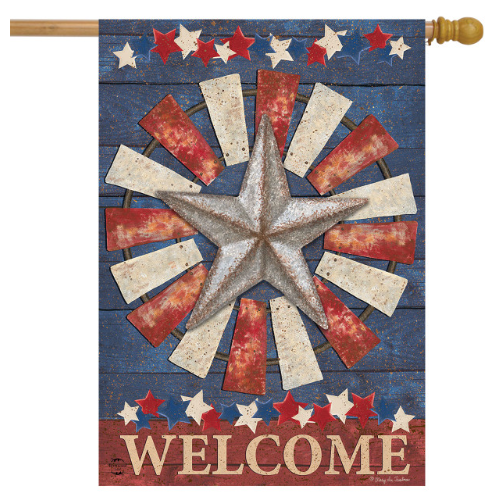 Decorative flag with a star design and 'WELCOME' text on a wooden background.
