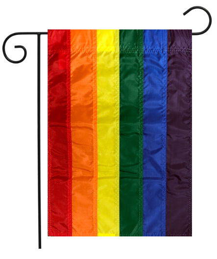 Rainbow garden flag with red, orange, yellow, green, blue, and purple stripes on a white background.