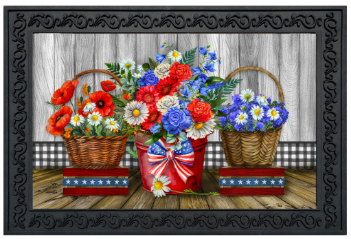 Decorative mat with floral arrangements in baskets on a wooden floor.