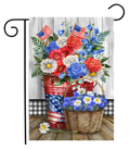 Decorative garden flag with flowers and American flags on a wooden background