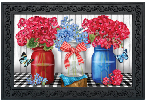 Decorative mat with jars of flowers, ribbons, and butterflies on a checkered background.