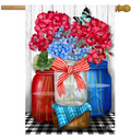 Decorative flag with red, blue, and white flowers in jars on a checkered background
