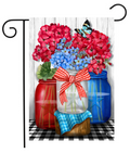 Decorative garden flag with mason jars, flowers, and a bow on a checkered background.