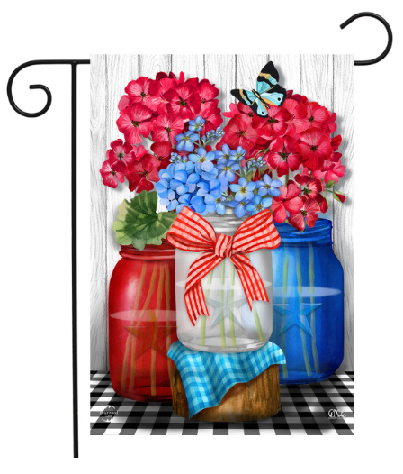 Decorative garden flag with mason jars, flowers, and a bow on a checkered background.