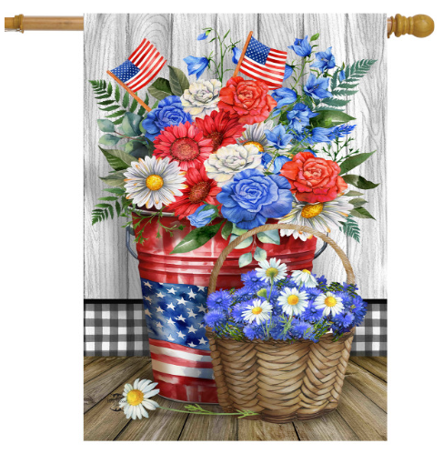 Decorative flag with flowers and American flags on a wooden background