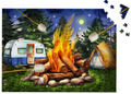 Campfire scene with camper, tent, and marshmallows against a night sky.