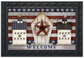 Decorative mat with American flag design, star, and 'Welcome' text on a wooden background.