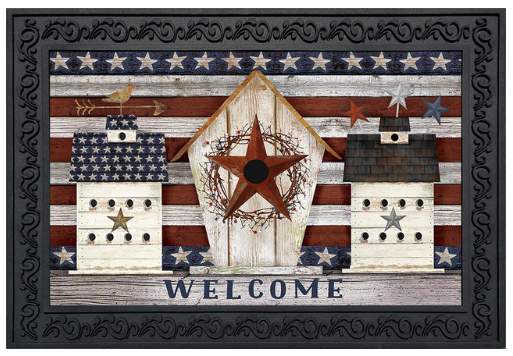 Decorative mat with American flag design, star, and 'Welcome' text on a wooden background.