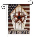 Decorative flag with American flag pattern, star, and 'WELCOME' text on a wooden background.