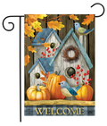 Rustic Fall Birdhouse garden flag with warm autumn colors and rustic farmhouse fall design displayed as outdoor porch and yard decor.