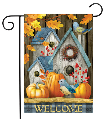 Rustic Fall Birdhouse garden flag with warm autumn colors and rustic farmhouse fall design displayed as outdoor porch and yard decor.