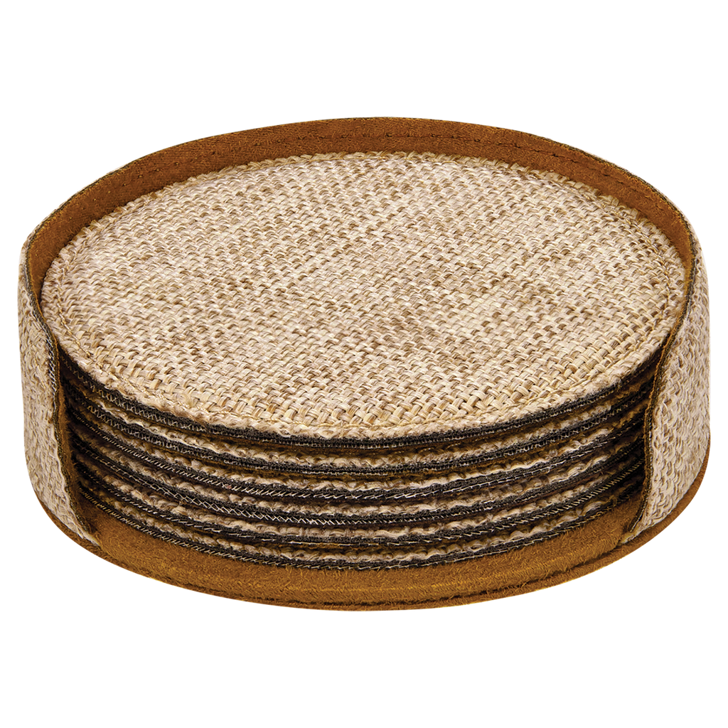 Personalized 4" Burlap Round Coaster Set (6-Pack with Holder) – Sublimation Ready
